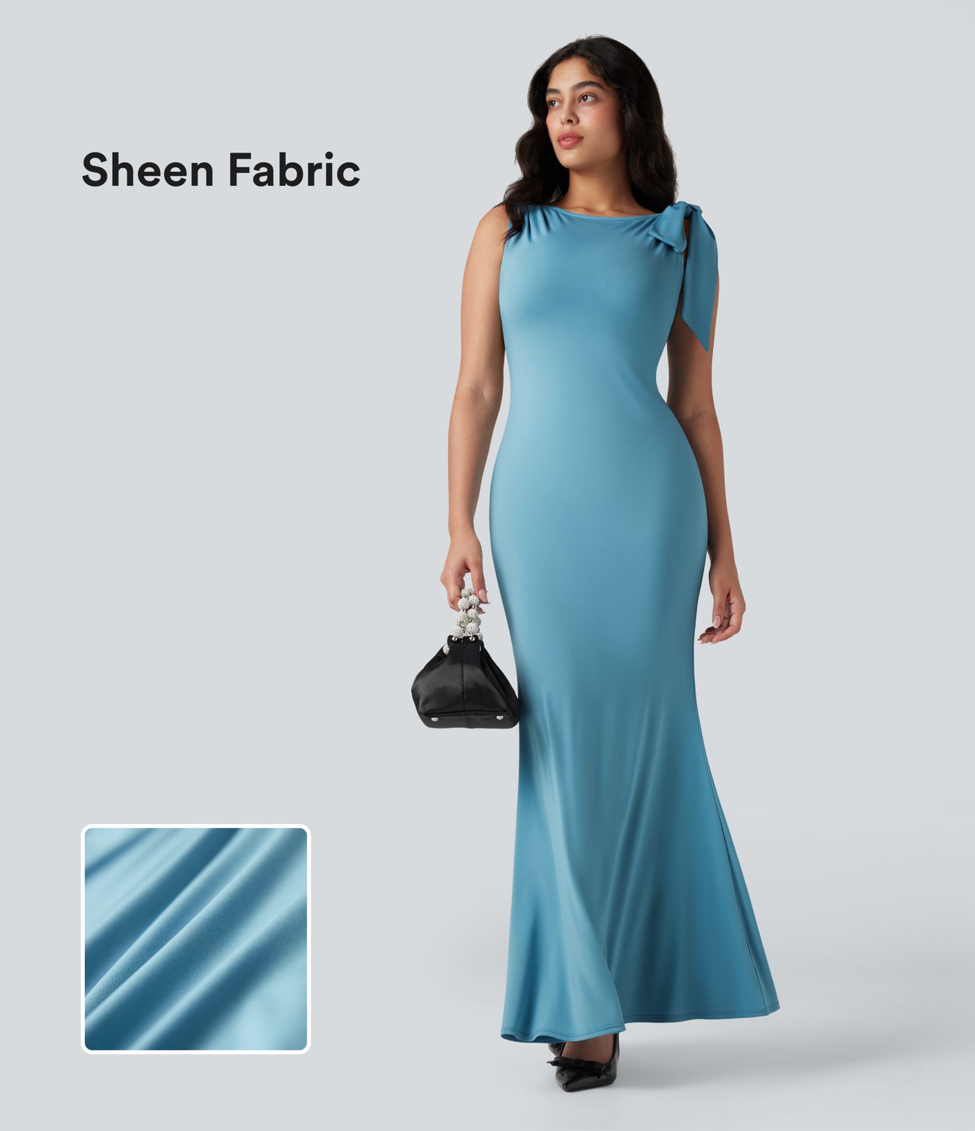 Robe longue satinée col bateau sans manches à ourlet sirène