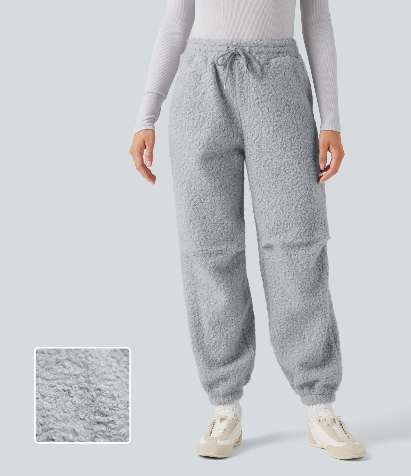 Mid Rise Drawstring Casual Teddy Joggers with Pockets
