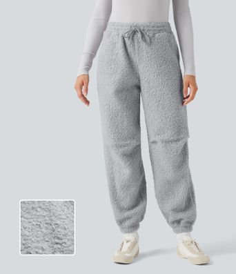 Mid Rise Drawstring Casual Teddy Joggers with Pockets