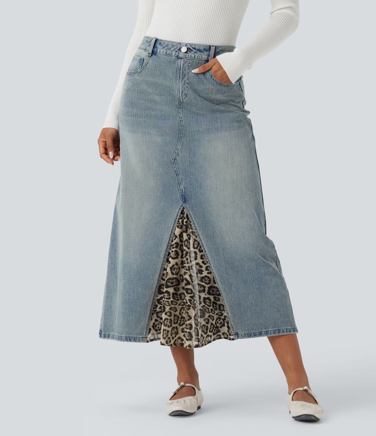 Halara Flex™ Mid Rise Contrast Leopard Mesh Midi Denim Casual A-line Skirt with Pockets