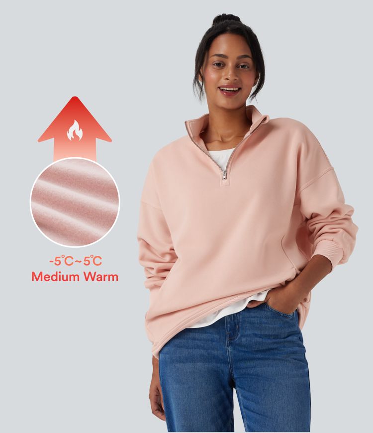 Stand Collar Half Zip Oversize Fleece Casual Sweatshirt with Pockets