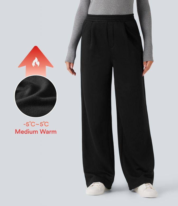 High Waisted Straight Leg Fleece Work Trousers with Pockets