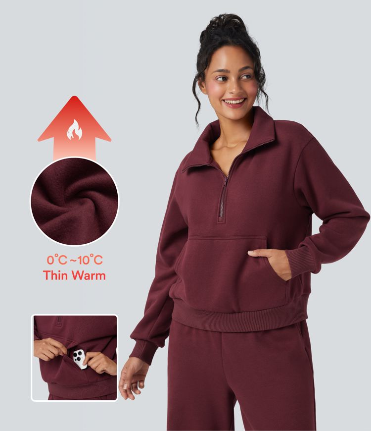 Half Zipper Fleece Relaxed Casual Sweatshirt with Pockets