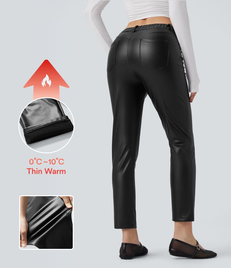 Mid Rise Stretchy PU Fleece 7/8 Casual Tapered Trousers with Pockets