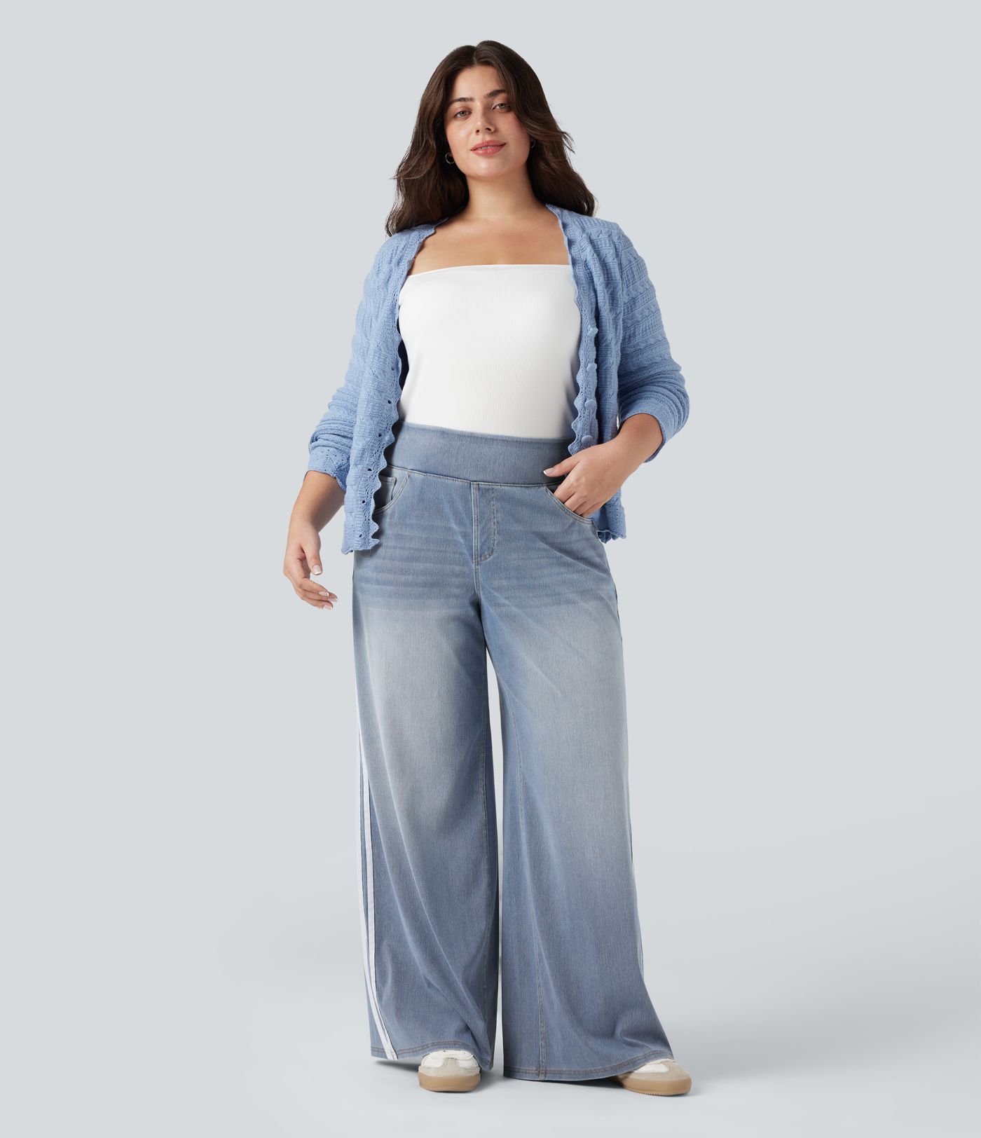 Plus Size Halara Flex™ High Waisted Stripe Wide Leg Flowy Washed Casual Jeans with Pockets