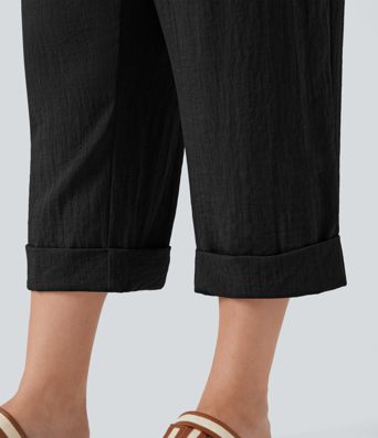 Pantalon de villégiature capri effet lin, grande taille, taille haute, avec poches