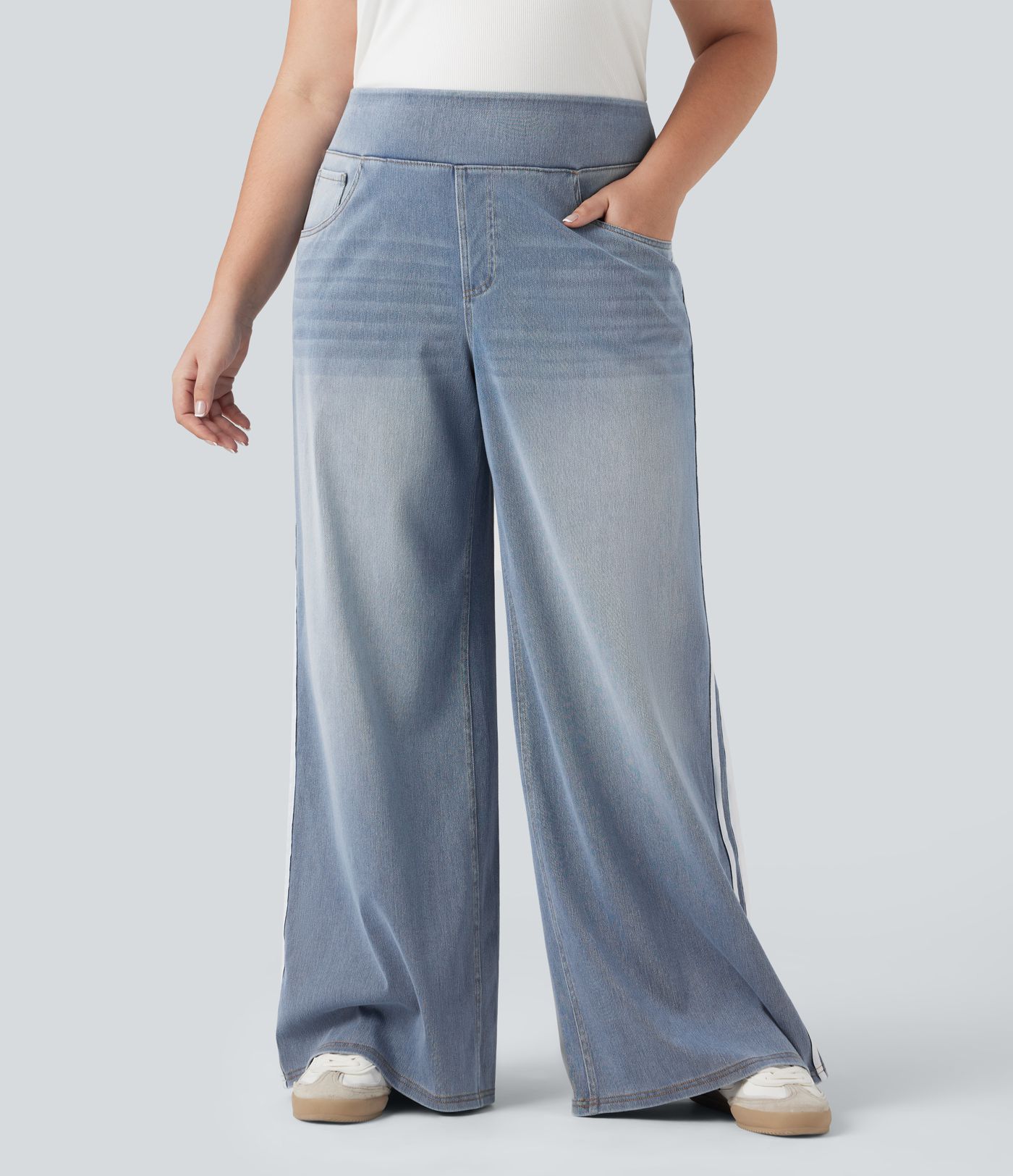 Plus Size Halara Flex™ High Waisted Stripe Wide Leg Flowy Washed Casual Jeans with Pockets