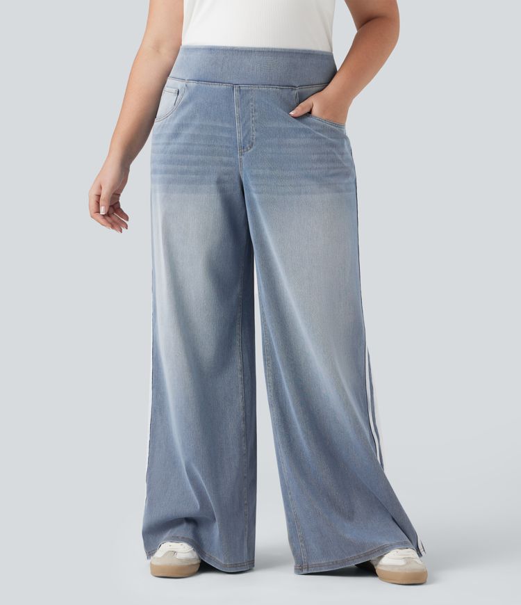 Plus Size Halara Flex™ High Waisted Stripe Wide Leg Flowy Washed Casual Jeans with Pockets