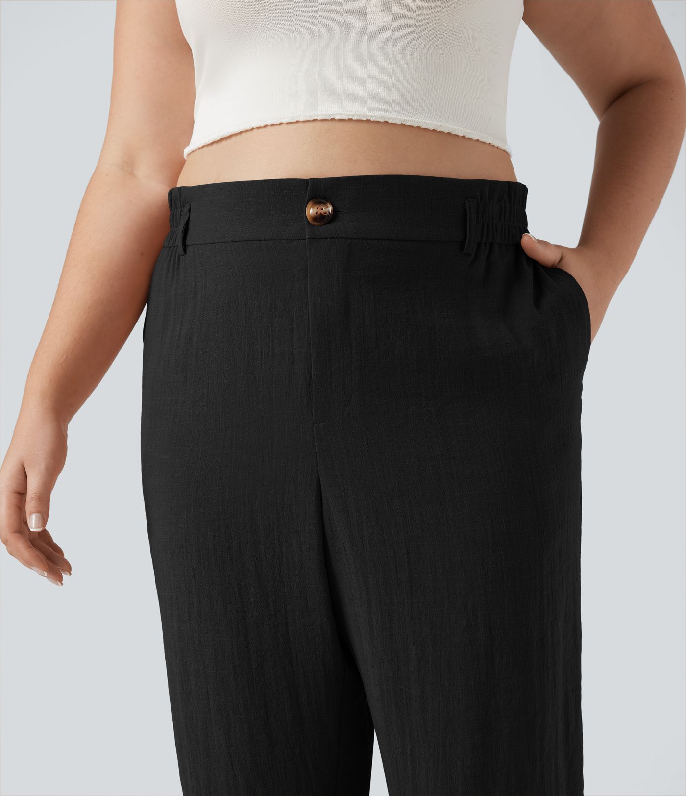 Pantalon de villégiature capri effet lin, grande taille, taille haute, avec poches