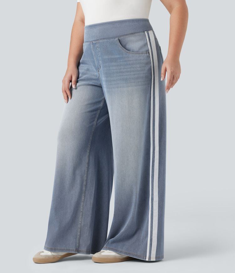 Plus Size Halara Flex™ High Waisted Stripe Wide Leg Flowy Washed Casual Jeans with Pockets