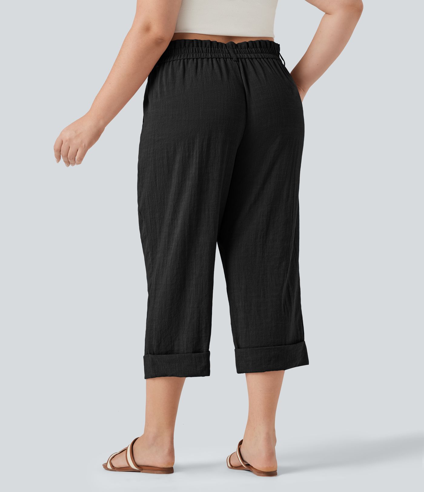 Pantalon de villégiature capri effet lin, grande taille, taille haute, avec poches