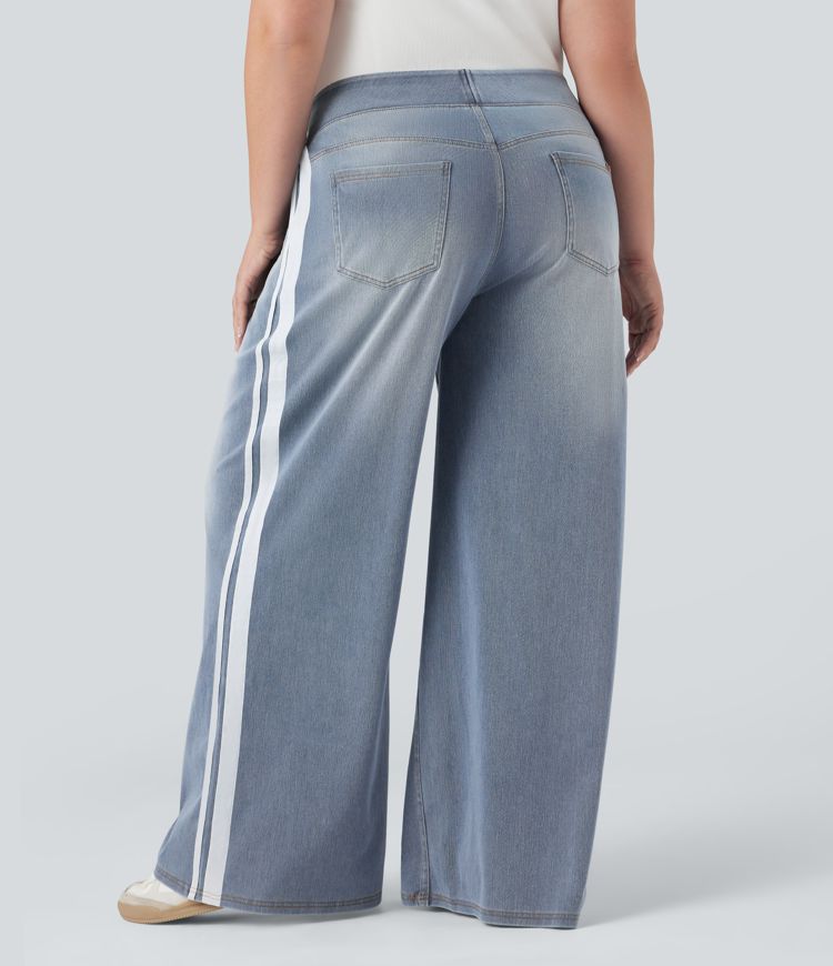 Plus Size Halara Flex™ High Waisted Stripe Wide Leg Flowy Washed Casual Jeans with Pockets