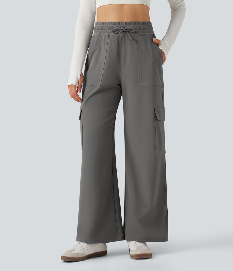 Pantalones cargo de yoga de cintura alta con cordón, pierna ancha y bolsillos