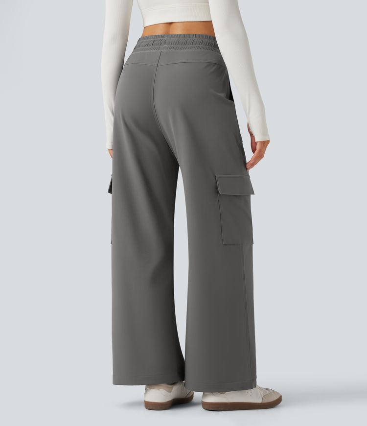 Pantalones cargo de yoga de cintura alta con cordón, pierna ancha y bolsillos