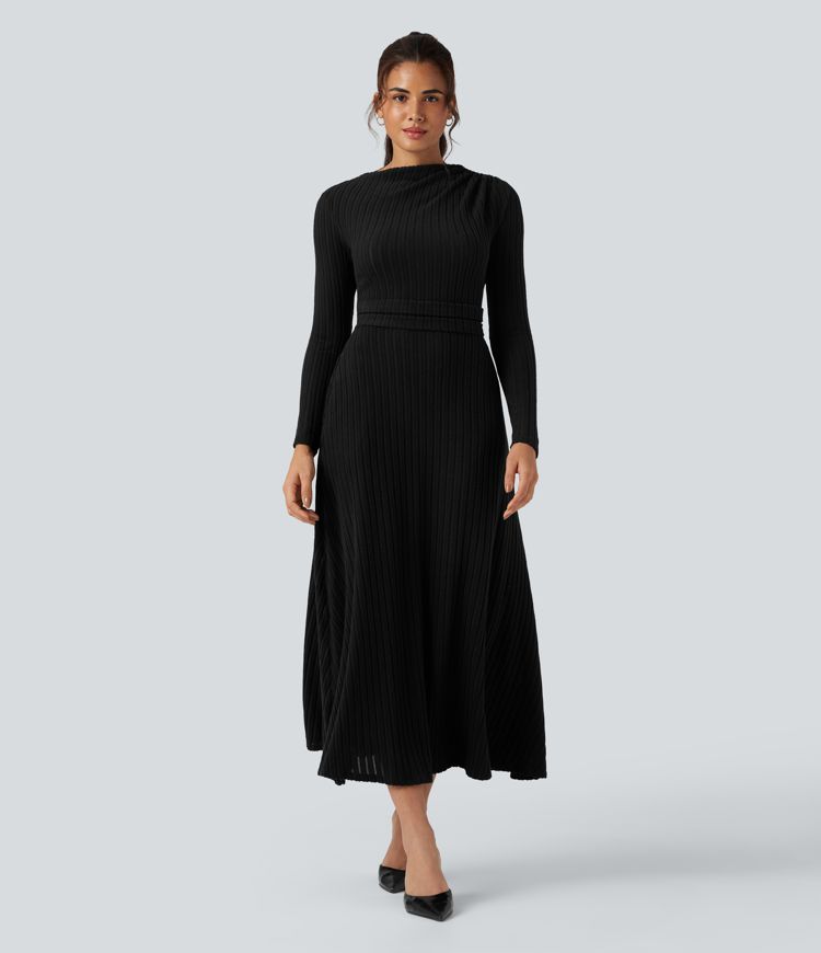 Geripptes Strick-Midi-Kleid mit langen Ärmeln und Taschen