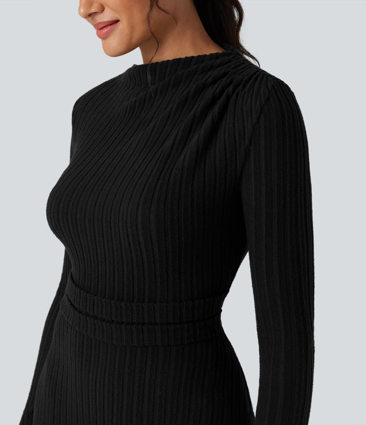 Geripptes Strick-Midi-Kleid mit langen Ärmeln und Taschen