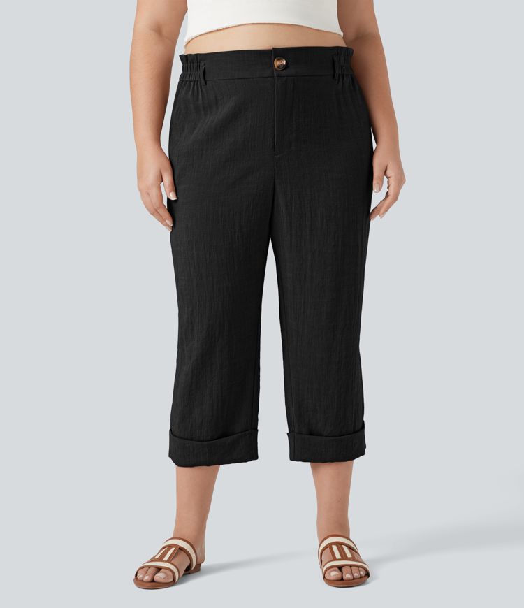 Pantalon de villégiature capri effet lin, grande taille, taille haute, avec poches