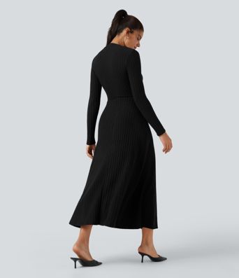 Geripptes Strick-Midi-Kleid mit langen Ärmeln und Taschen