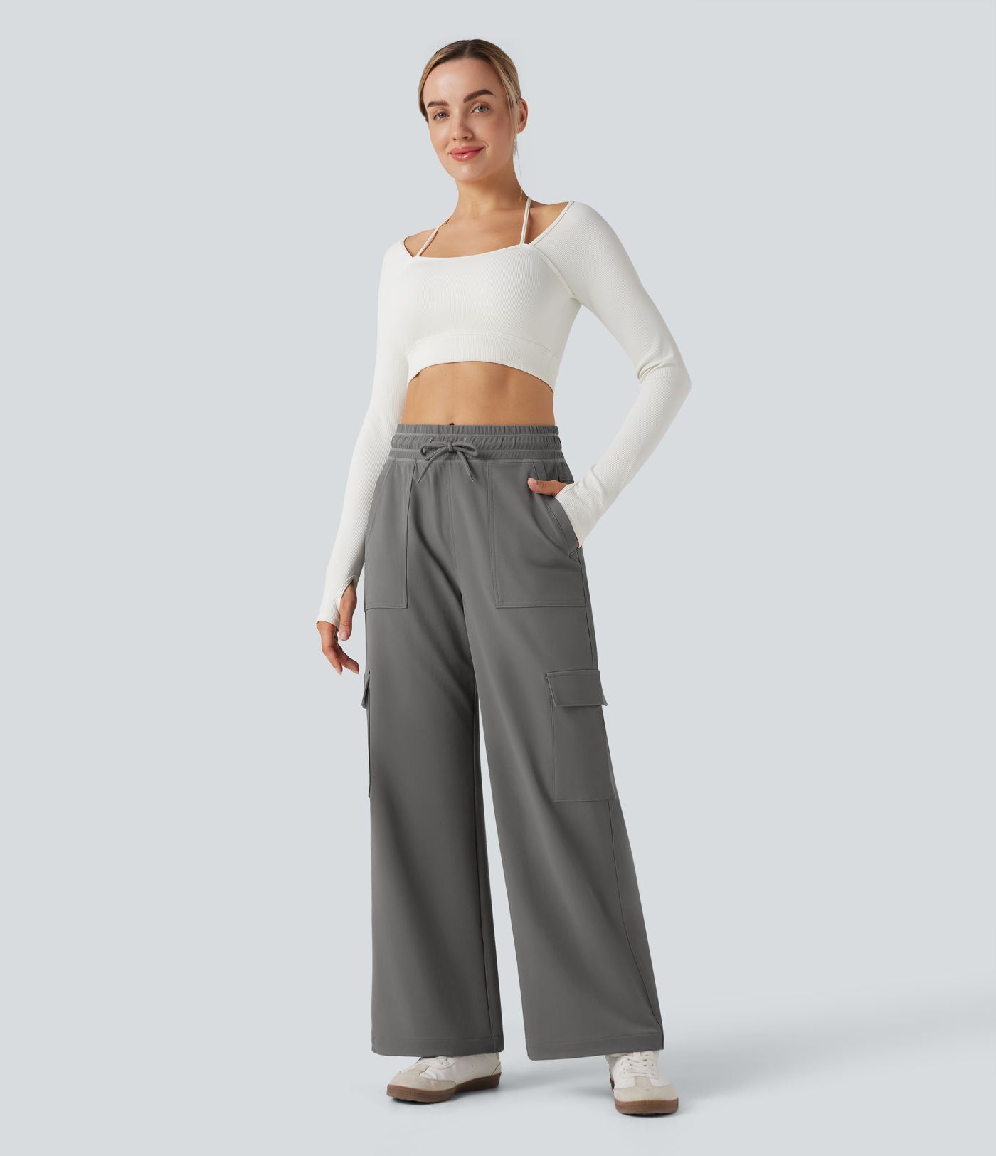 Pantalones cargo de yoga de cintura alta con cordón, pierna ancha y bolsillos