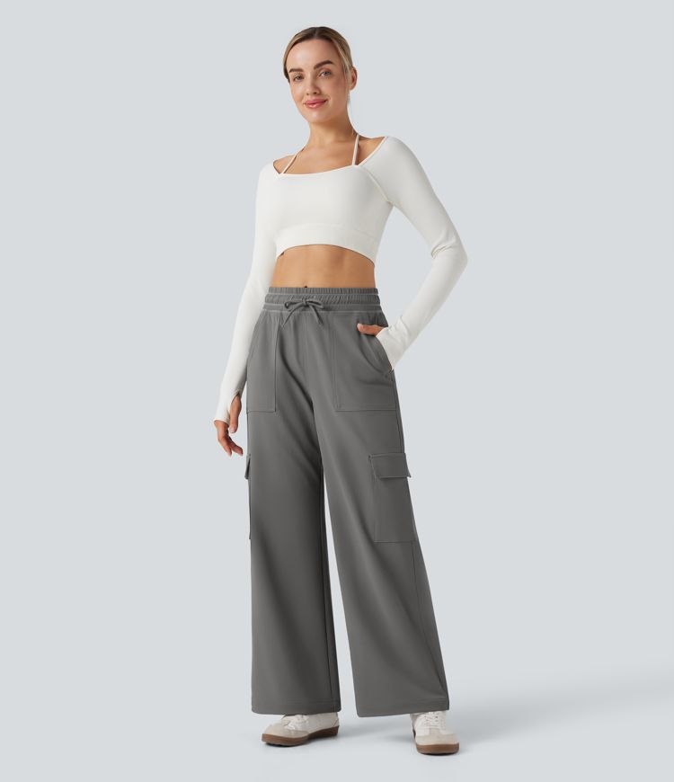 Pantalones cargo de yoga de cintura alta con cordón, pierna ancha y bolsillos
