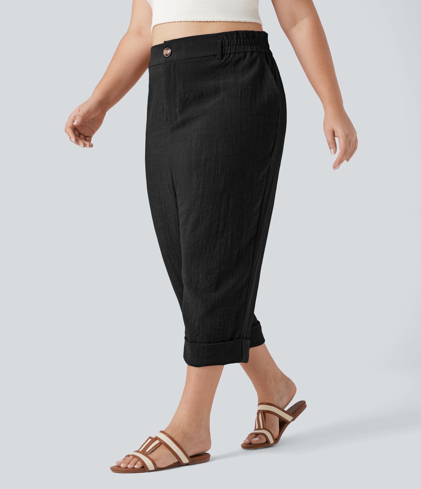 Pantalon de villégiature capri effet lin, grande taille, taille haute, avec poches