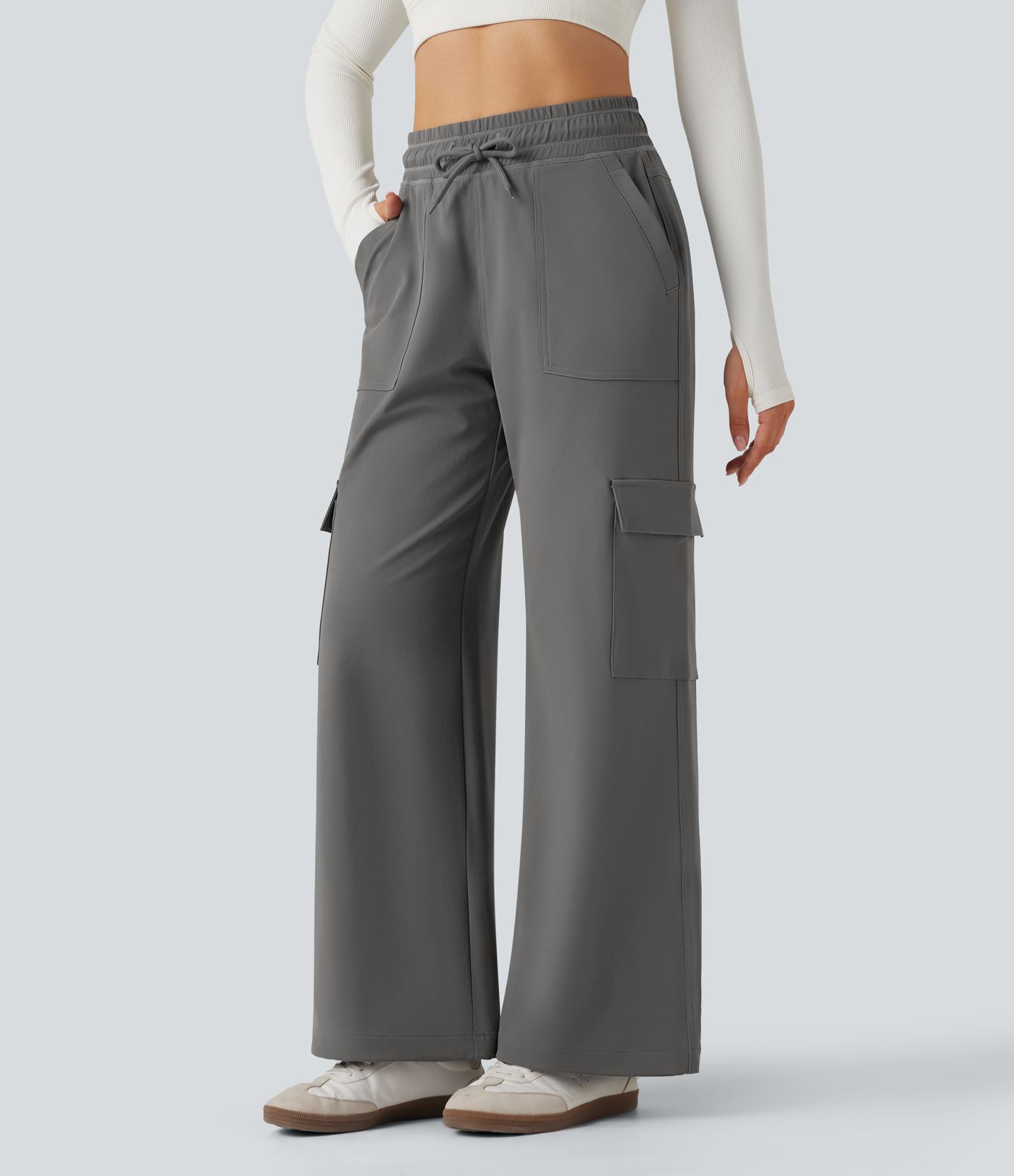 Pantalones cargo de yoga de cintura alta con cordón, pierna ancha y bolsillos