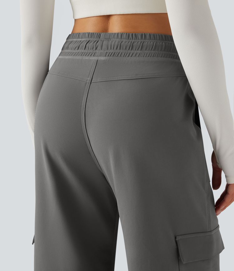 Pantalones cargo de yoga de cintura alta con cordón, pierna ancha y bolsillos