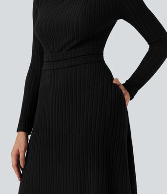 Geripptes Strick-Midi-Kleid mit langen Ärmeln und Taschen