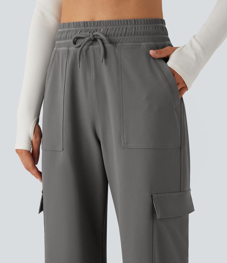 Pantalones cargo de yoga de cintura alta con cordón, pierna ancha y bolsillos