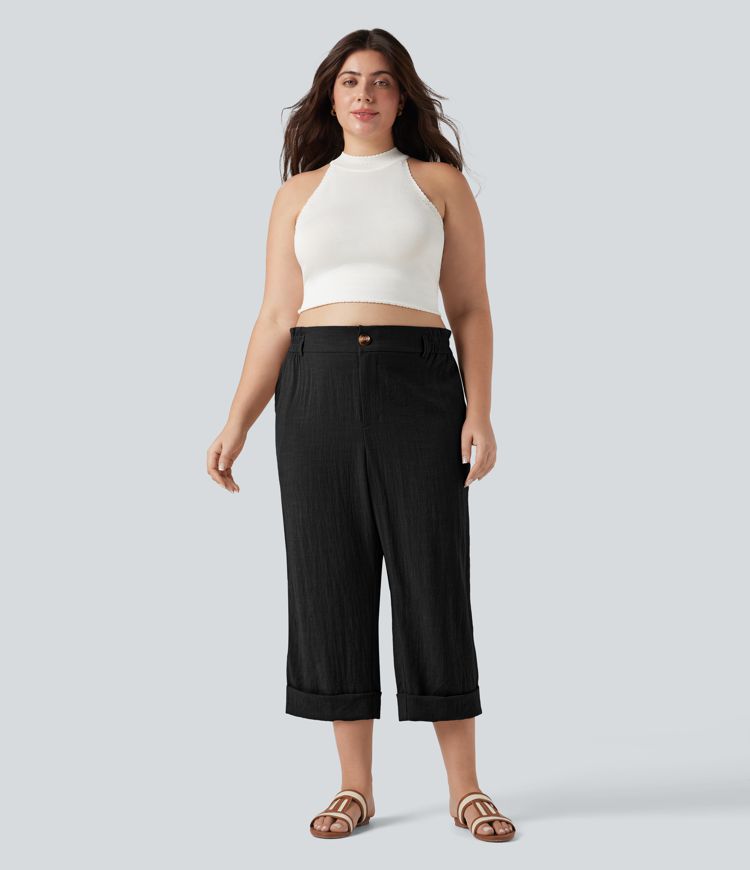 Pantalon de villégiature capri effet lin, grande taille, taille haute, avec poches