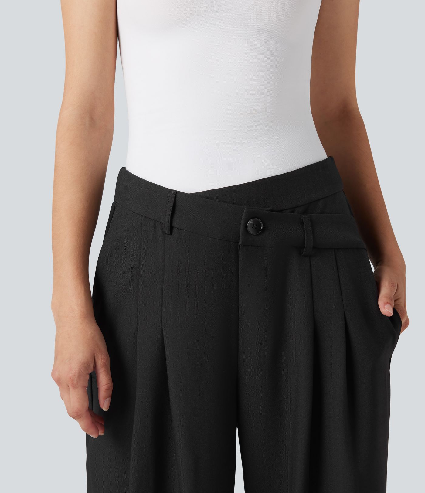 Wrinkle-resistant High Waisted Crossover Wide Leg Suit Work Linen-Feel Pants with Pockets