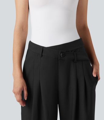 Wrinkle-resistant High Waisted Crossover Wide Leg Suit Work Linen-Feel Pants with Pockets