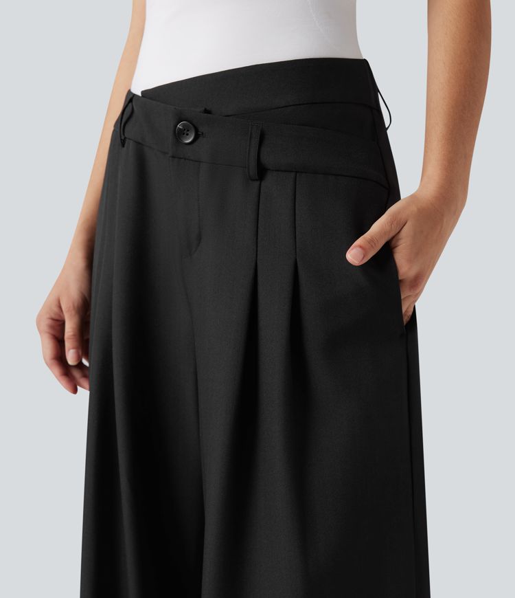 Wrinkle-resistant High Waisted Crossover Wide Leg Suit Work Linen-Feel Pants with Pockets