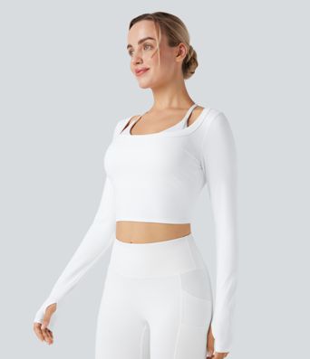 U-Neck Long Sleeve Thumb Holes Cropped Yoga Sports Top