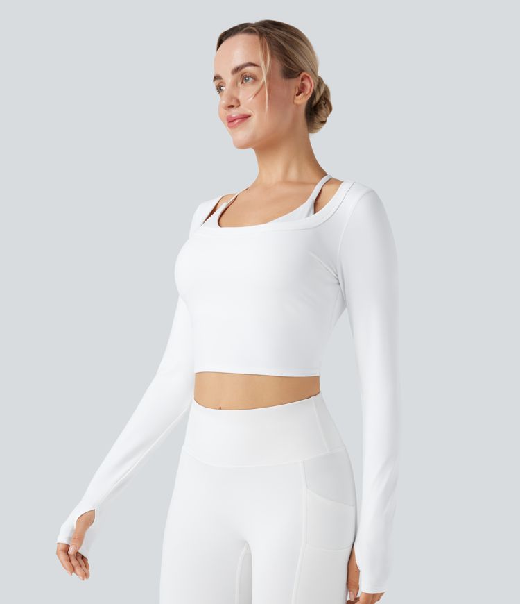 U-Neck Long Sleeve Thumb Holes Cropped Yoga Sports Top