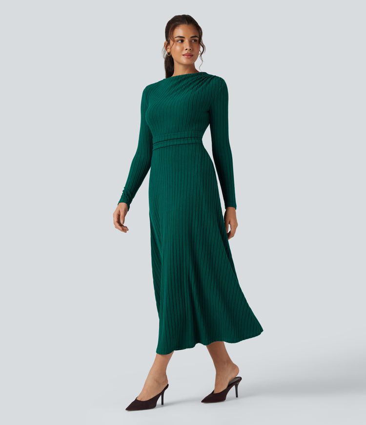 Ribbed Knit Long Sleeve Midi Casual Dress with Pockets