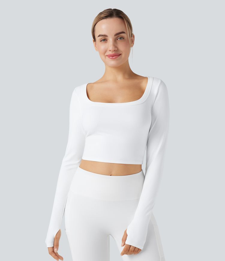 U-Neck Long Sleeve Thumb Holes Cropped Yoga Sports Top