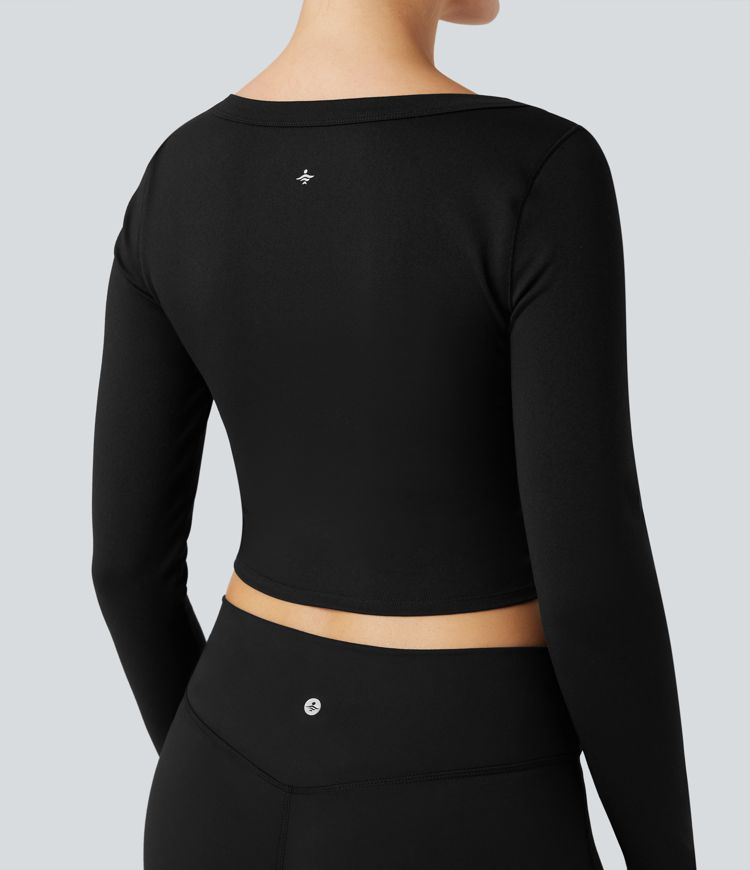 U-Neck Long Sleeve Thumb Holes Cropped Yoga Sports Top