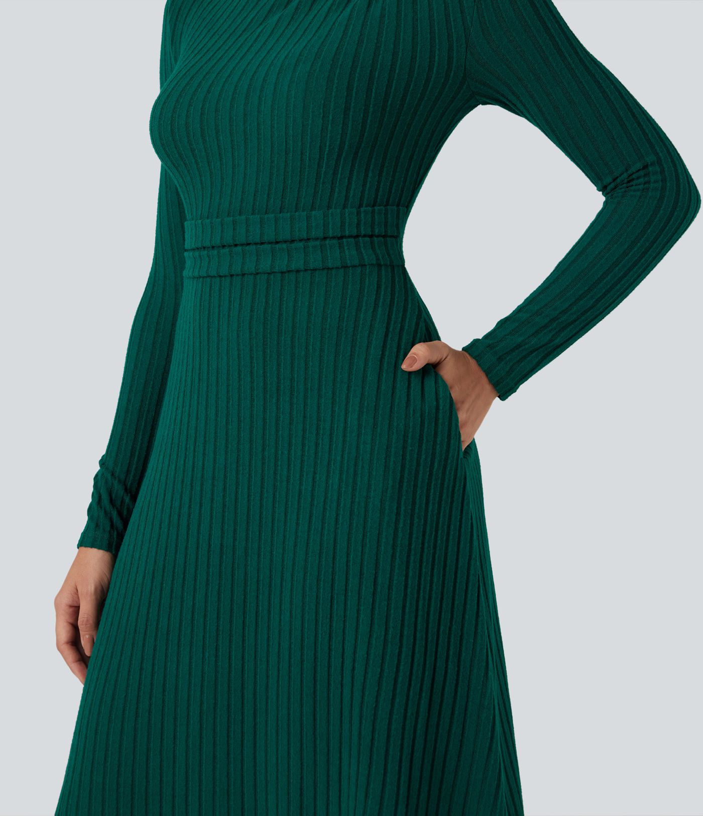 Vestido midi casual de punto acanalado de manga larga con bolsillos