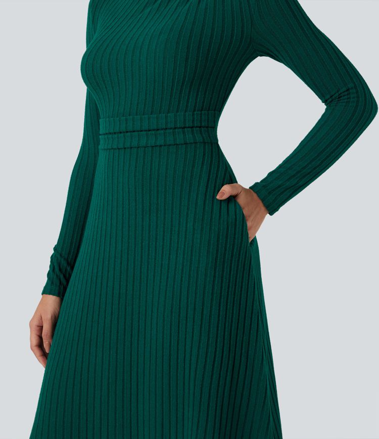 Vestido midi casual de punto acanalado de manga larga con bolsillos