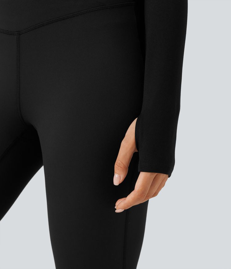 U-Neck Long Sleeve Thumb Holes Cropped Yoga Sports Top