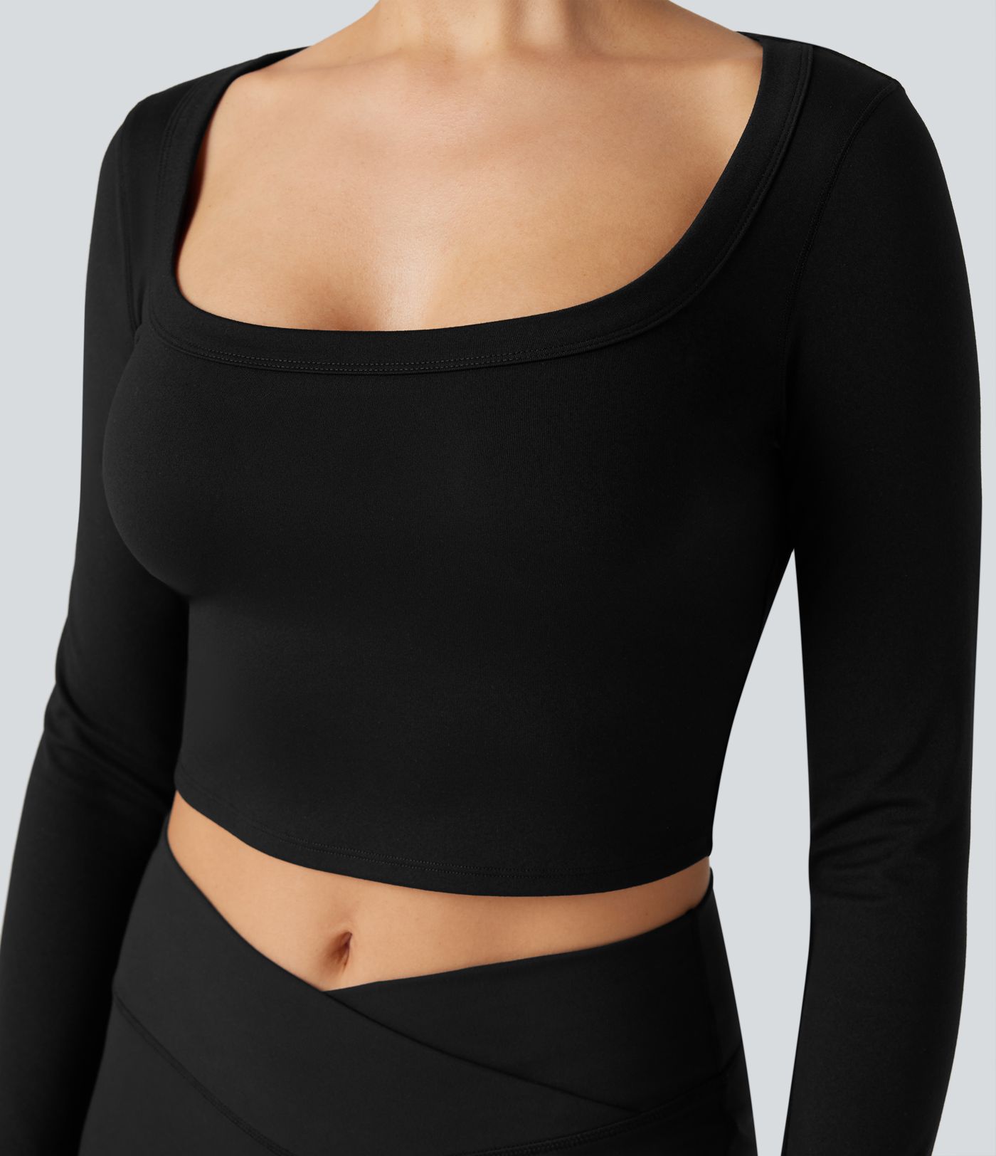 U-Neck Long Sleeve Thumb Holes Cropped Yoga Sports Top