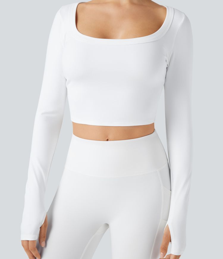 U-Neck Long Sleeve Thumb Holes Cropped Yoga Sports Top
