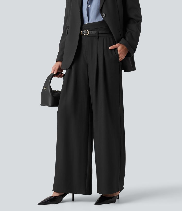 Wrinkle-resistant High Waisted Crossover Wide Leg Suit Work Linen-Feel Pants with Pockets