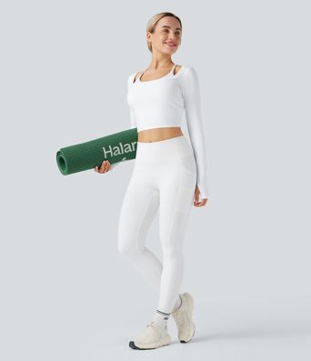 U-Neck Long Sleeve Thumb Holes Cropped Yoga Sports Top