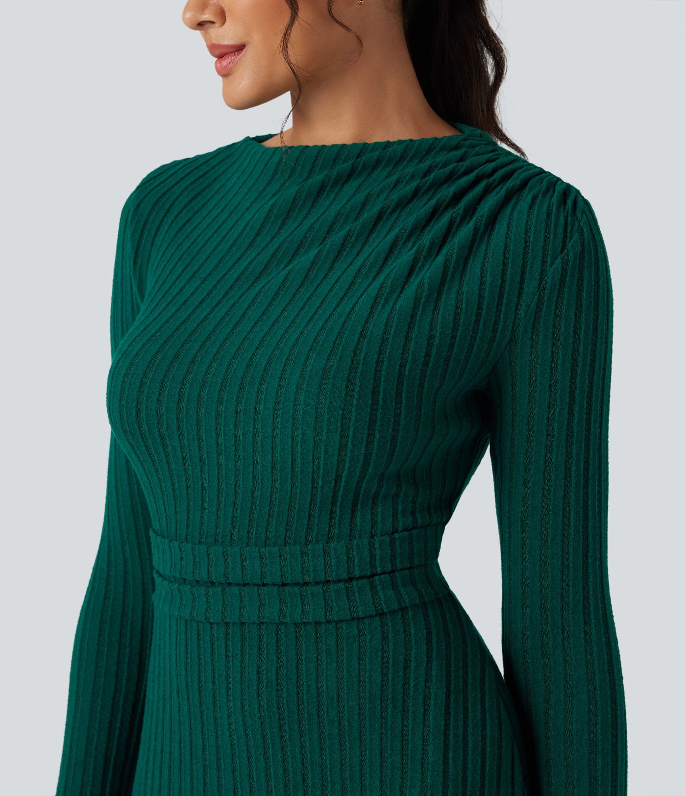 Vestido midi casual de punto acanalado de manga larga con bolsillos