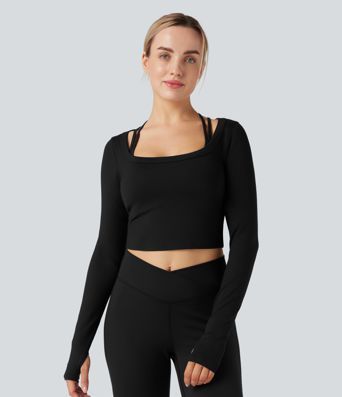 U-Neck Long Sleeve Thumb Holes Cropped Yoga Sports Top
