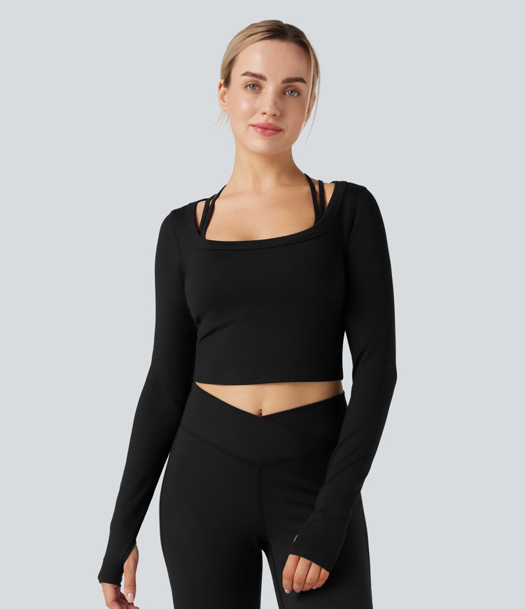 U-Neck Long Sleeve Thumb Holes Cropped Yoga Sports Top