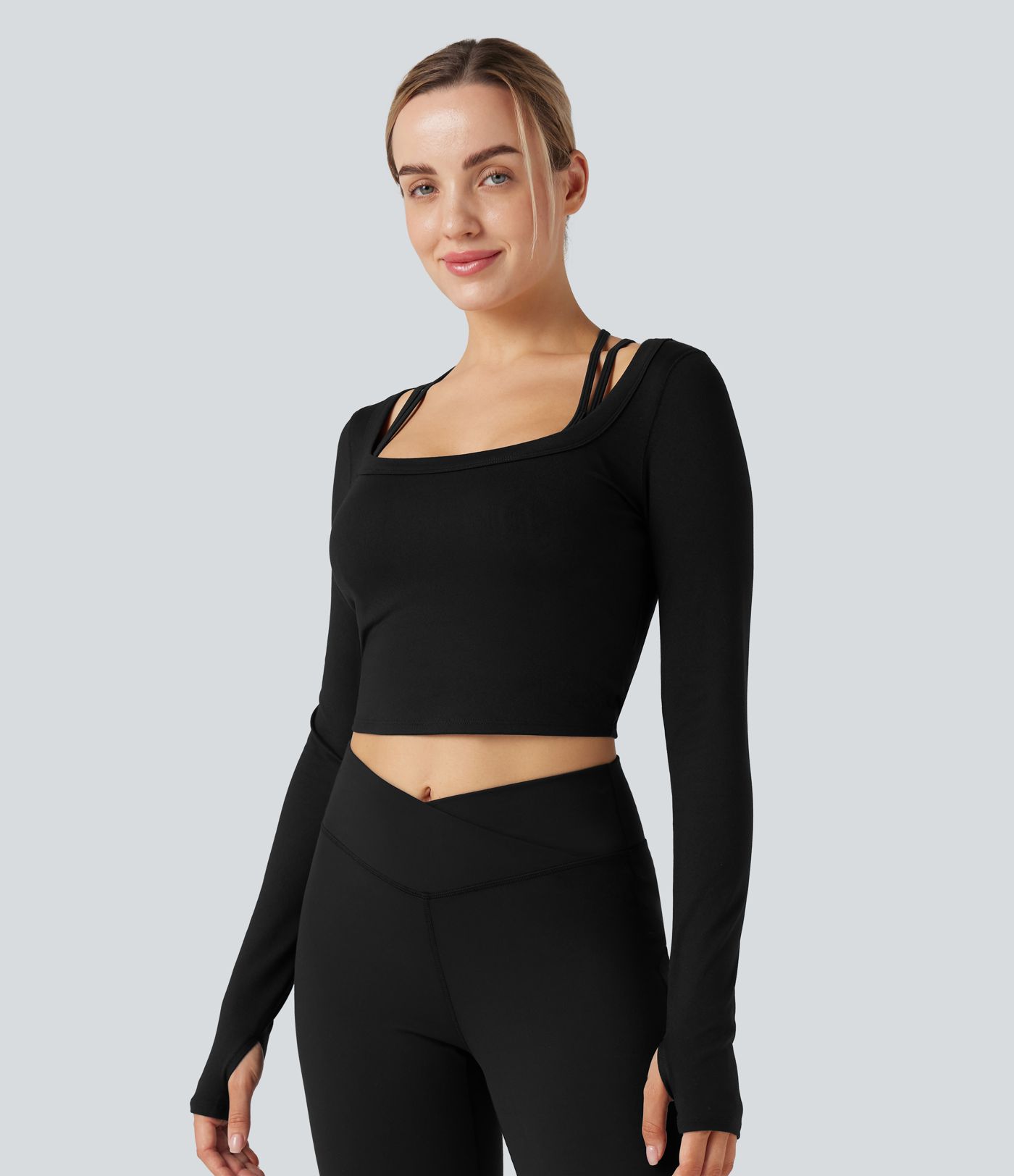 U-Neck Long Sleeve Thumb Holes Cropped Yoga Sports Top