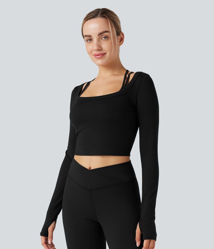 U-Neck Long Sleeve Thumb Holes Cropped Yoga Sports Top